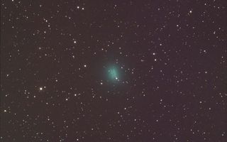Comet C/2019 Y4 Atlas is slowly brightening in the night sky as it gets ready to swing around the sun in a couple months. Astrophotographer Mike Cuffe captured these two images of the green comet through his backyard telescope on Monday (March 23). In the first stacked image, the comet appears a bit blurry as it moves across a fixed background of stars. For the second image, the telescope was fixed on the comet, so the background stars appear as short trails behind a sharper image of the comet. Comet C/2019 Y4 Atlas is expected to make its closest approach to Earth on May 23, about one week before it reaches perihelion, or its closest point to the sun. It will brighten dramatically during this approach, and it may become visible to the naked eye in late April or May.