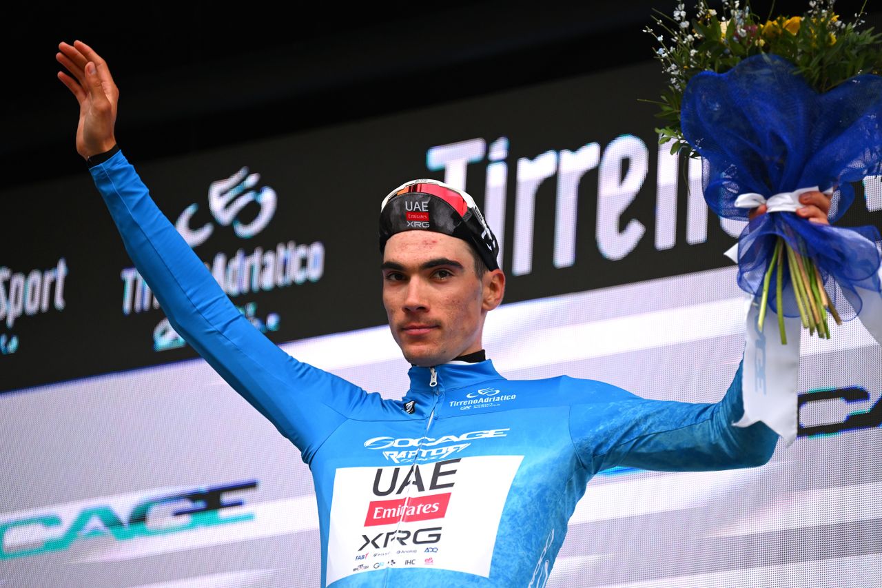 Juan Ayuso in the blue Tirreno leader&#039;s jersey