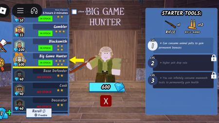 The Big Game Hunter class available to buy in Roblox's 99 Nights in the Forest