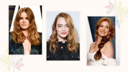 A roundup of celebrities wearing auburn hair balayage, including Emma Stone, Amy Adams and Isla Fisher