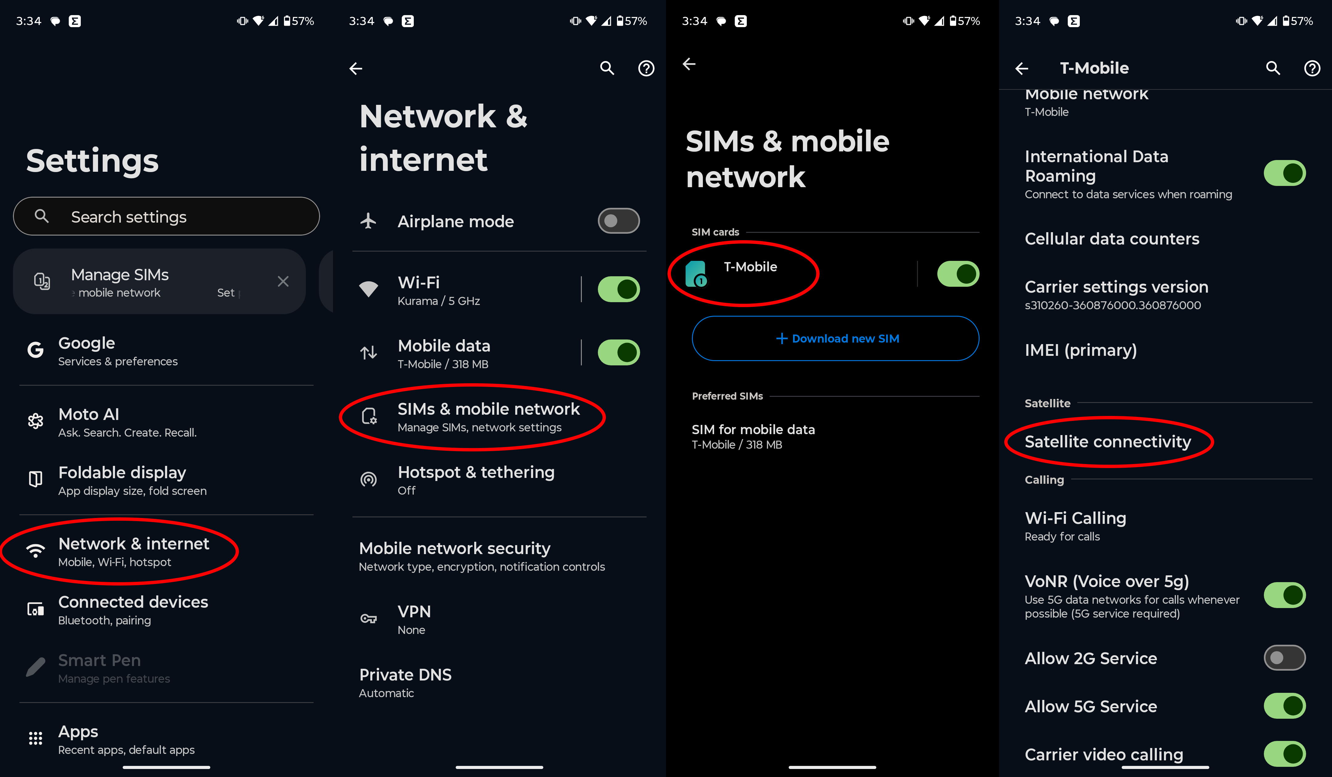 How to find satellite connectivity options on a Motorola Razr Fold with Android 16