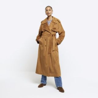 Brown Suedette Belted Trench Coat