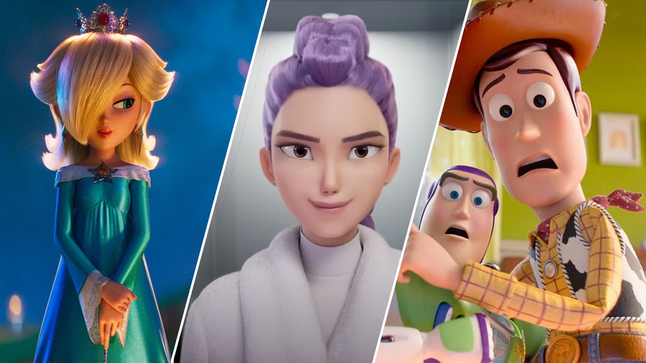 Left to right, stills from: The Super Mario Galaxy Movie, KPop Demon Hunters, Toy Story 5