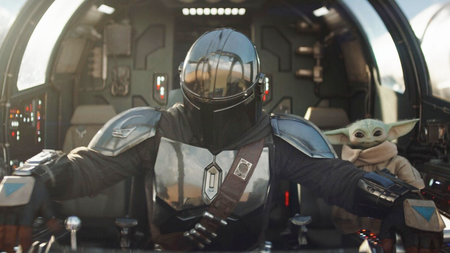 (L-R) Pedro Pascal as The Mandalorian, and Grogu, in "The Mandalorian and Grogu" (2026)