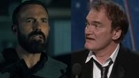 Ben Affleck, bearded and grizzled in The Rip (2026), Quentin Tarantino accepting his screenplay academy award in (2013) for Django Unchained. 