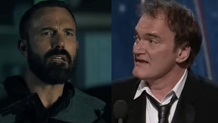 Ben Affleck, bearded and grizzled in The Rip (2026), Quentin Tarantino accepting his screenplay academy award in (2013) for Django Unchained. 