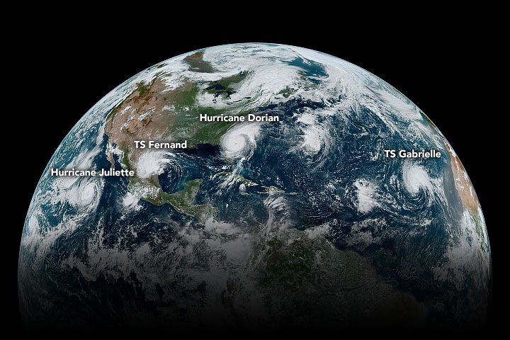 Four tropical cyclones simultaneously churn across the Western Hemisphere in this image captured by the GOES-16 weather satellite in September 2019. Weather forecasting/monitoring is just one of many ways that space tech improves our lives.