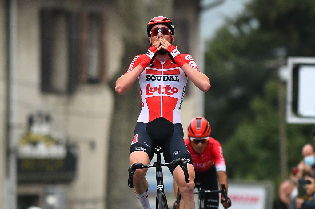 LA TURBIE FRANCE FEBRUARY 19 Tim Wellens of Belgium and Team Lotto Soudal celebrates at finish line as stage winner during the 54th Tour Des Alpes Maritimes Et Du Var Stage 2 a 1491km stage from PugetThniers to La Turbie on February 19 2022 in La Turbie France Photo by Dario BelingheriGetty Images