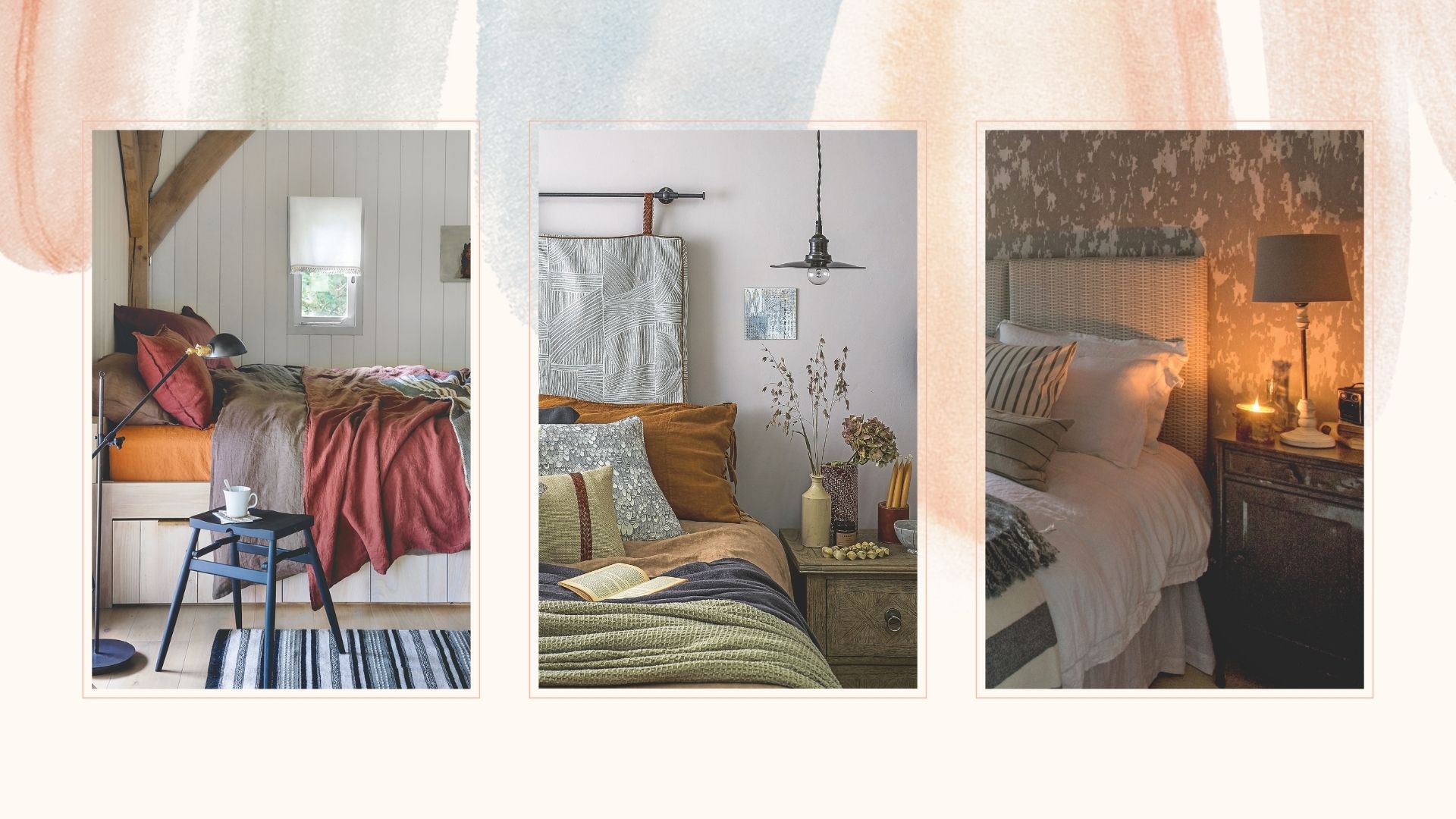 collage image of cosy autumn bedrooms with cosy layers and ambient lighting to show easy ways to update your bedroom for autumn