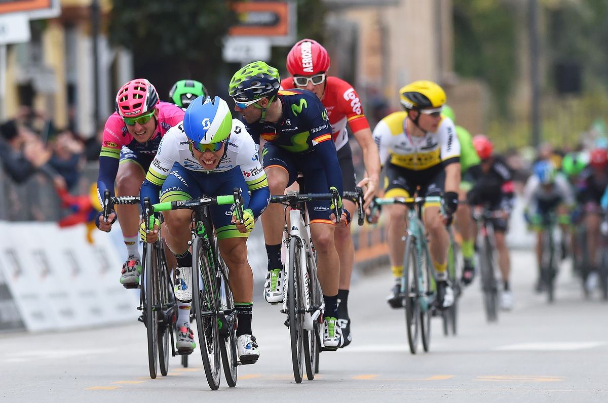 Caleb Ewan gets low and aero to win the bunch sprint