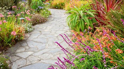stone path through flower beds