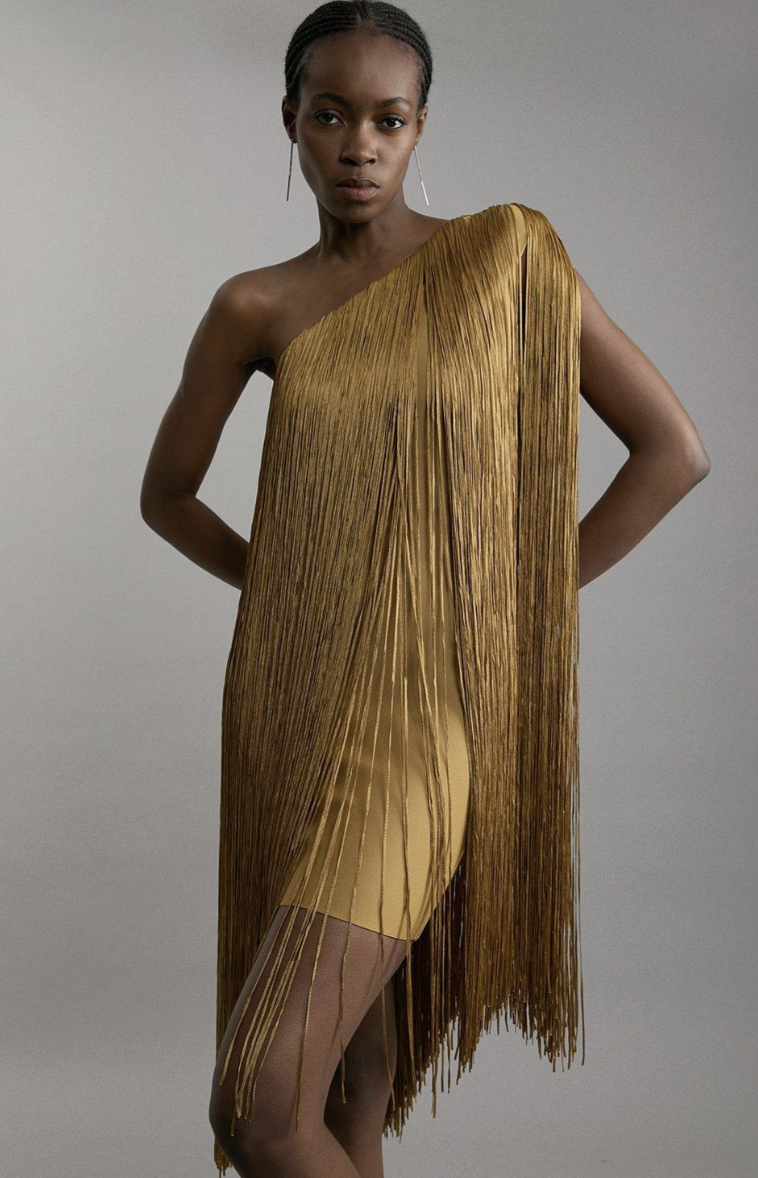 Karen Millen, Figure Form Bandage One Shoulder Fringe Mini Knit Dress