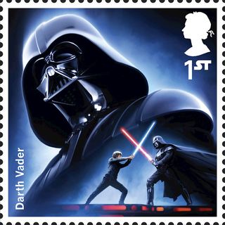 Stamp showing Luke Skywalker and Darth Vader in a light sabre duel