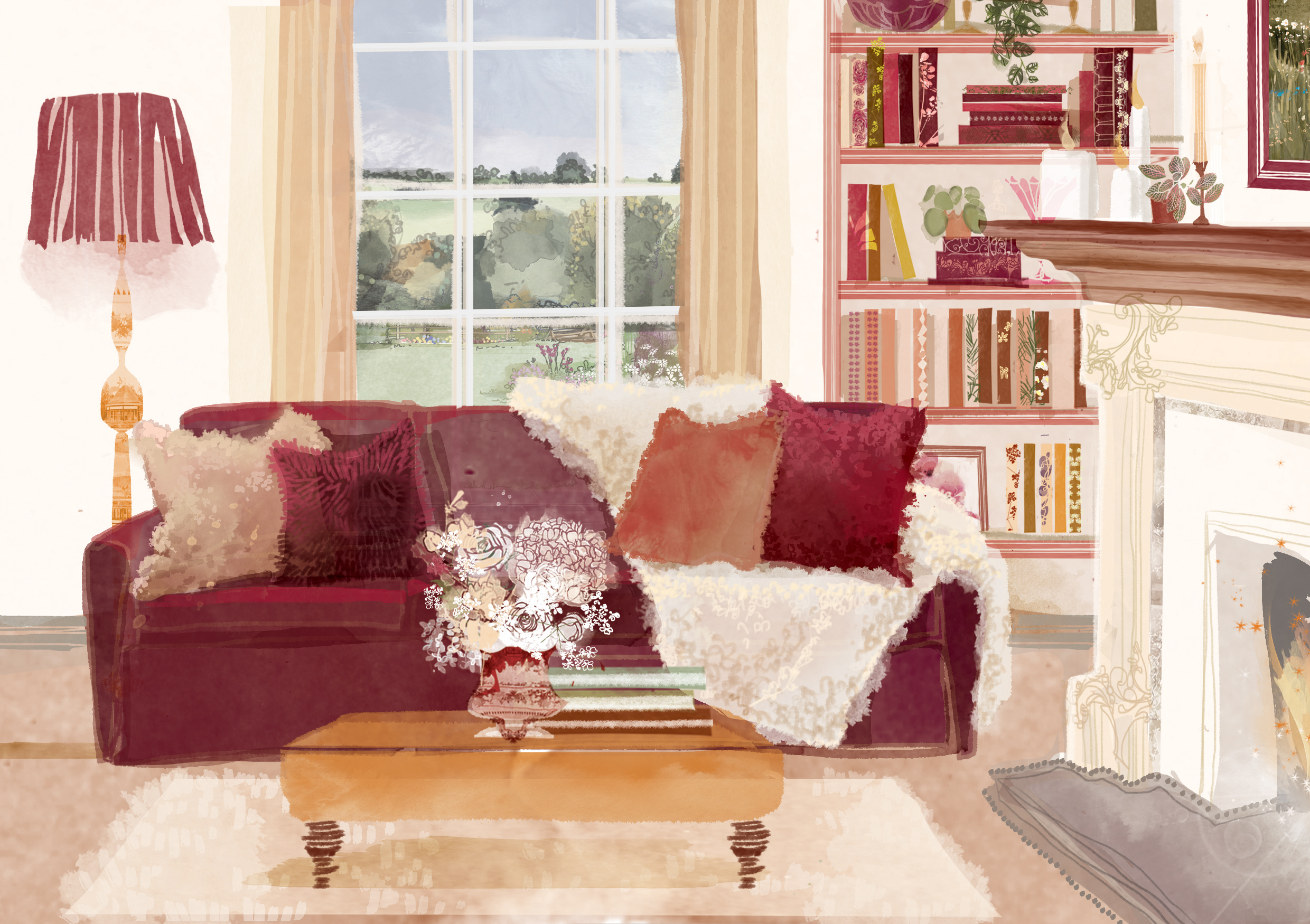 Illustration of a living room with a red sofa and stone fireplace
