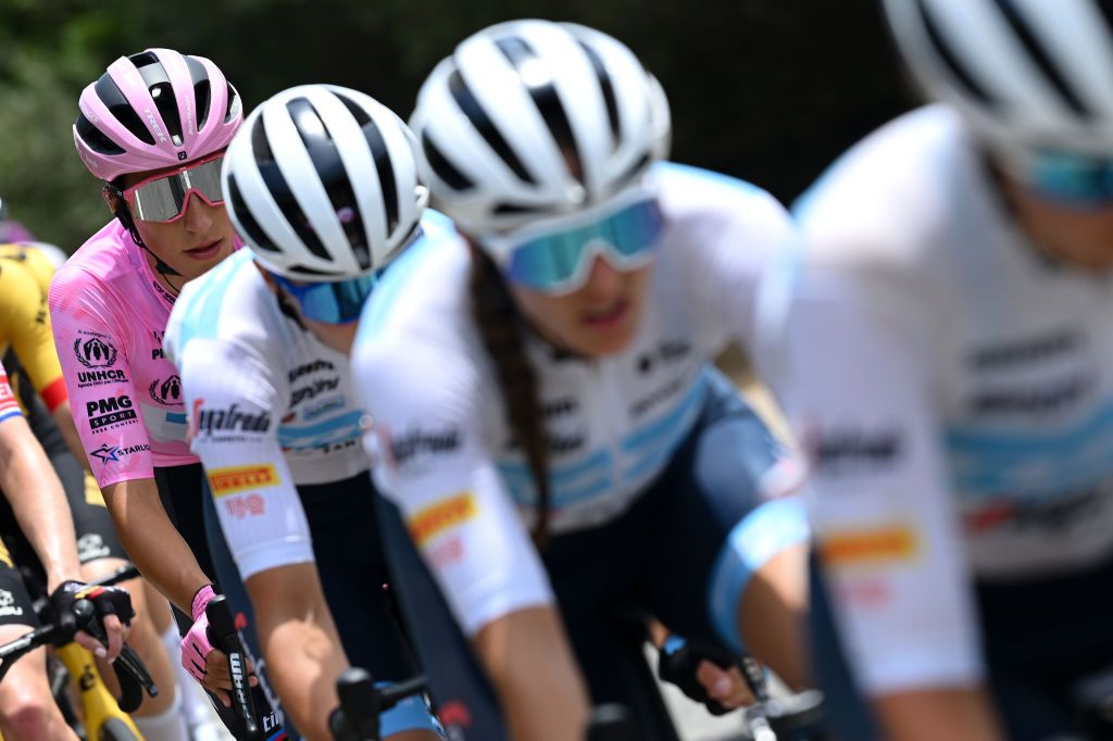 OLBIA ITALY JULY 02 Elisa Balsamo of Italy and Team Trek Segafredo Pink Leader Jersey competes during the 33rd Giro dItalia Donne 2022 Stage 3 a 1134km stage from Cala Gonone to Olbia GiroDonne UCIWWT on July 02 2022 in Olbia Italy Photo by Dario BelingheriGetty Images