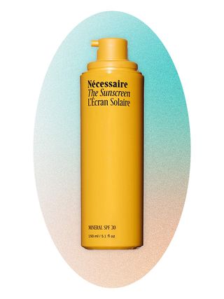 Necessaire sunscreen on an ombre blue and peach background