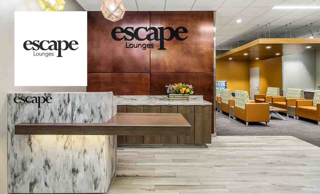 Escape Lounge Logo placed over an image of an Escape Lounge reception