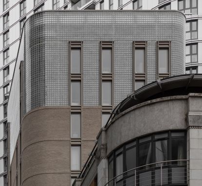 Exterior with crown of glass bricks at Buckle street studios in London.