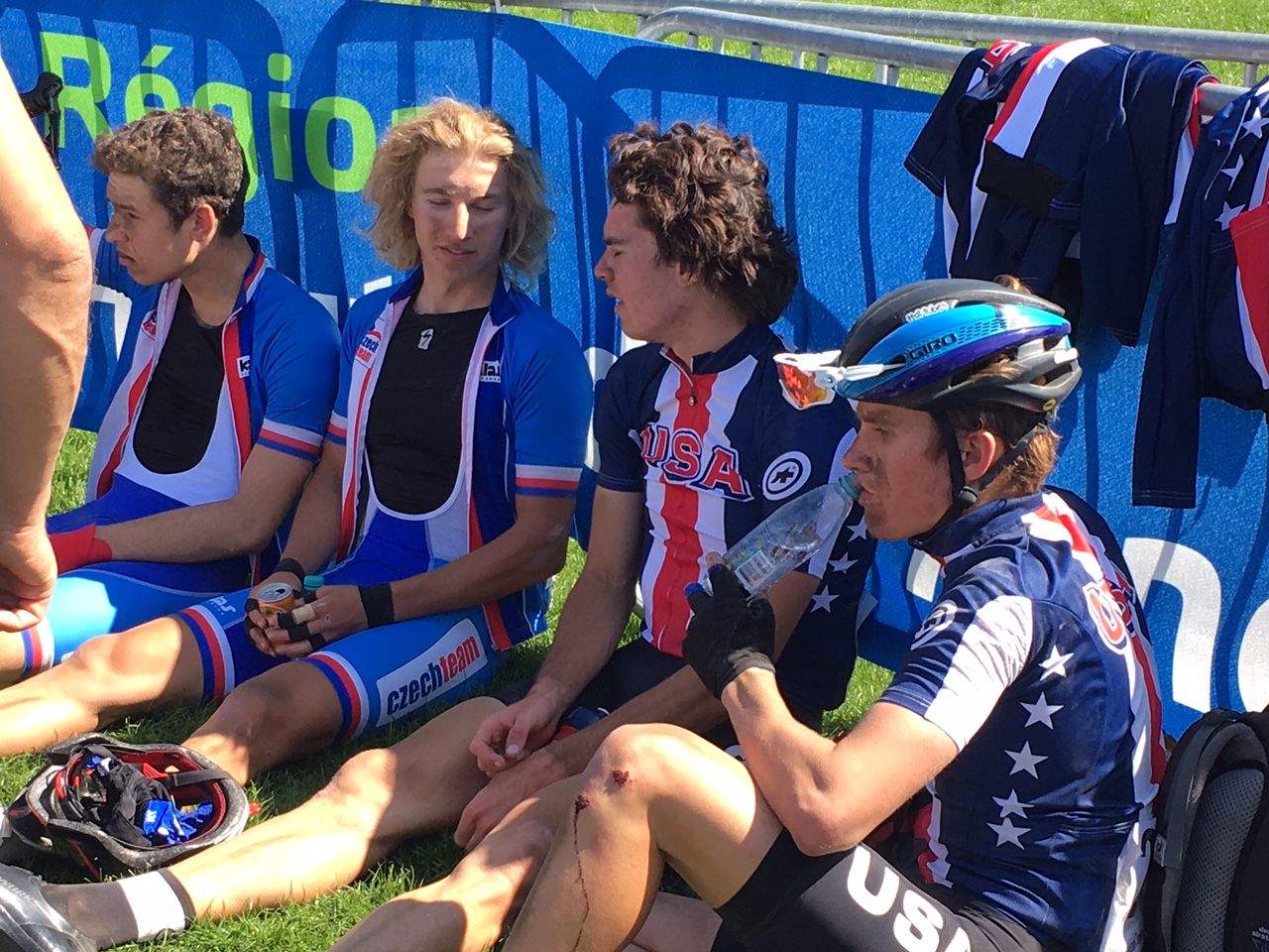 The Czech and American squads stretching their legs after the Paris-Roubaix juniors race.
