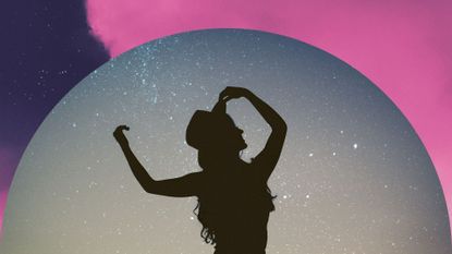 Woman silhouette celebrating amongst the stars, symbolizing mercury retrograde ending