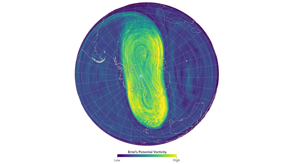 A circle representing a south polar maps of earth, shaded with swirls of blue and green, with its center shadowed in green with yellow edges.