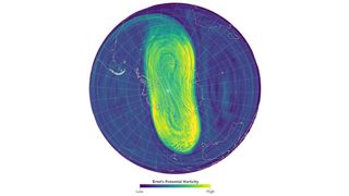 A circle representing a south polar maps of earth, shaded with swirls of blue and green, with its center shadowed in green with yellow edges.