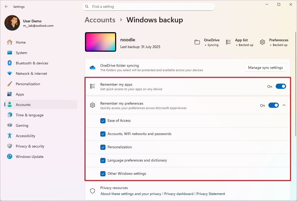 Windows Backup settings page