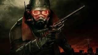 An NCR ranger holding a gun during one of the best RPGs, Fallout New Vegas.