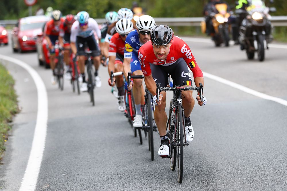 Victor Campenaerts pushes the pace in the breakaway during stage 12 at the Vuelta
