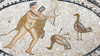 Mosaic of a light-skinned man with dark hair using a bow and arrow to shoot birds