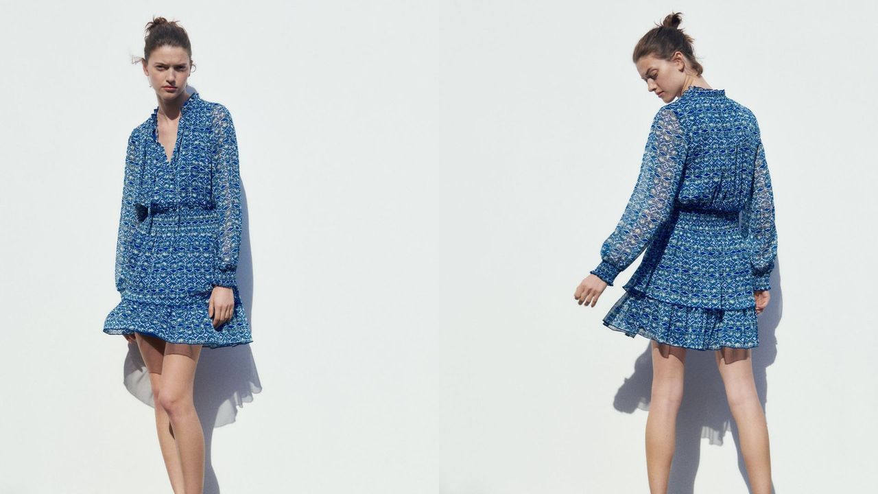 composite of model wearing short blue long sleeve dress from zara
