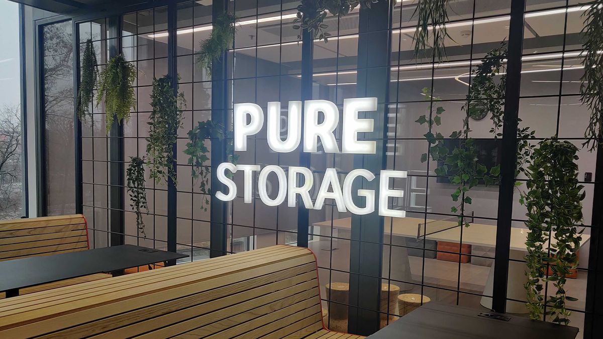 Pure Storage logo pictured at the company&#039;s R&amp;D center in Prague, Czech Republic.