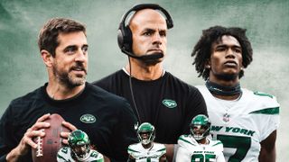 (l to r) Aaron Rodgers, Robert Saleh and Garrett Wilson in the poster for Hard Knocks: Training Camp with the New York Jets