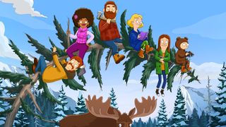Hele den animerede familie sidder på næsten væltet grantræ i The Great North