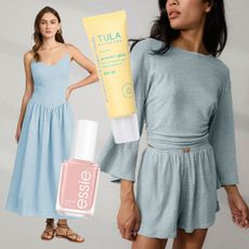 Collage of Nail Polish, SPF, Blue Dress, and Loungewear