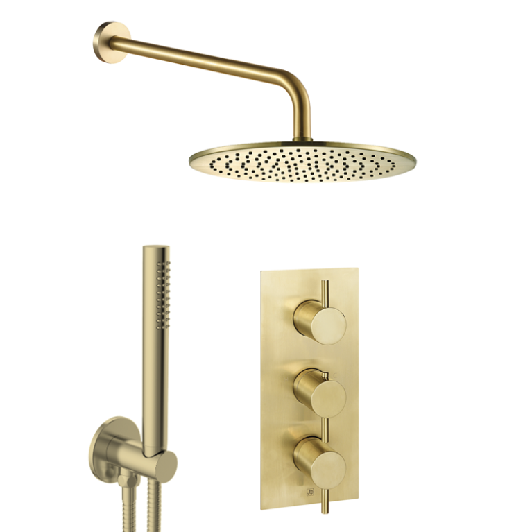 Jtp Vos Brushed Brass 2 Outlet 3 Handle Shower Pack With Fixed Head & Handset