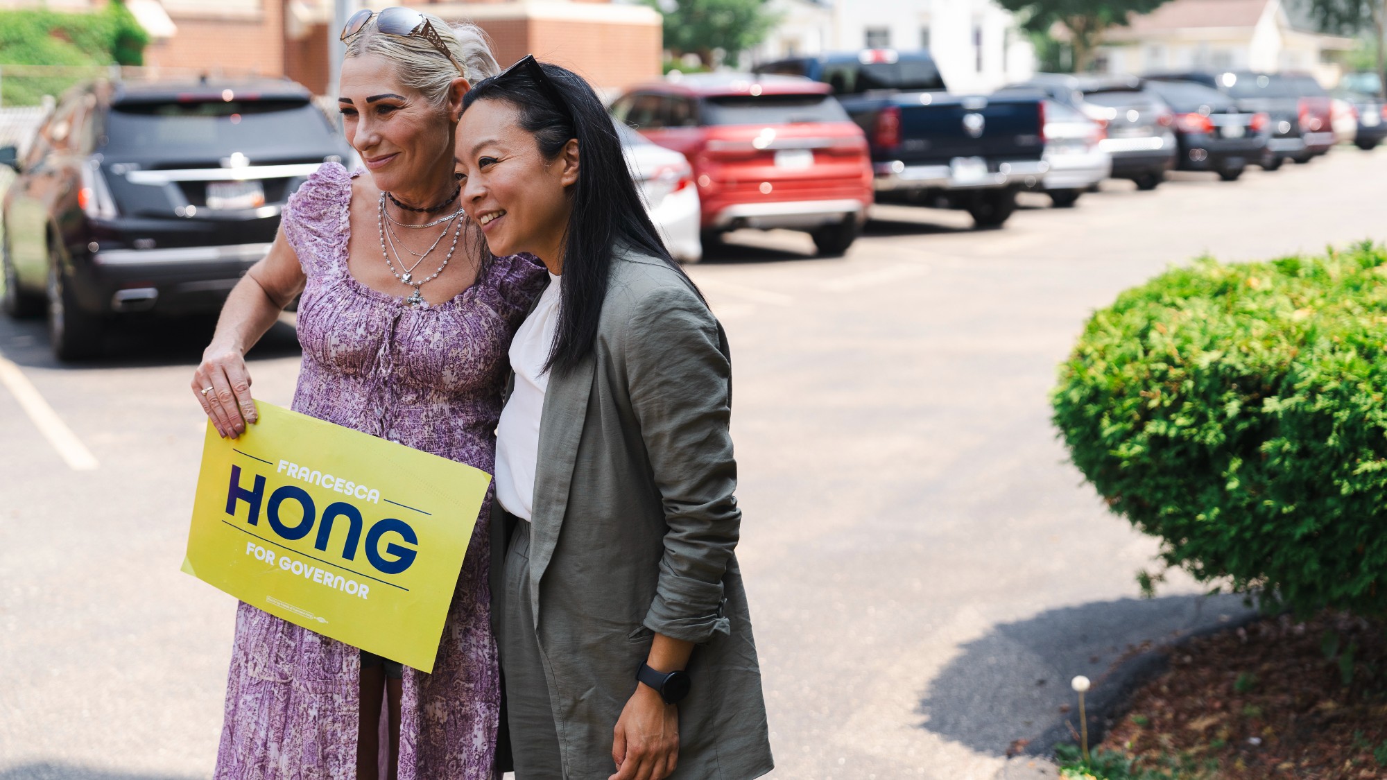 Francesca Hong meets with a supporter in Racine, Wisconsin