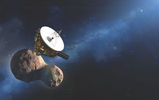 An artist's illustration of NASA's New Horizons spacecraft flying by the Kuiper Belt object Ultima Thule (2014 MU69) on Jan. 1, 2019.