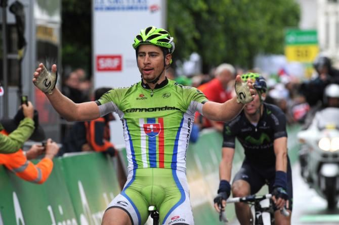 Another win, another salute. Peter Sagan (Cannondale) bests Rui Costa (Movistar) on the third stage of the Tour de Suisse