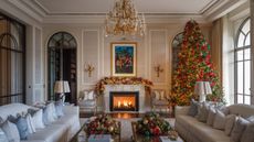 Ornate living room, featuring a crystal chandelier, a roaring fireplace, and oversized gray sofas, decorated for the holidays with a tall Christmas tree in the corner.