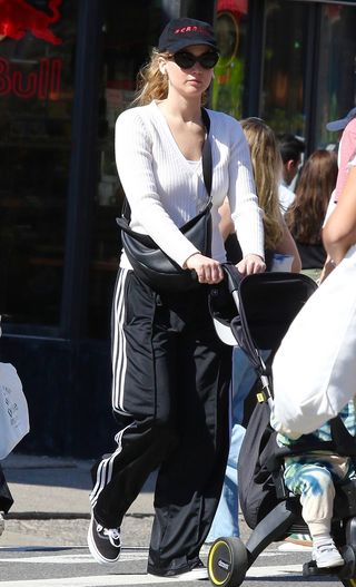 Jennifer Lawrence wearing track pants in New York