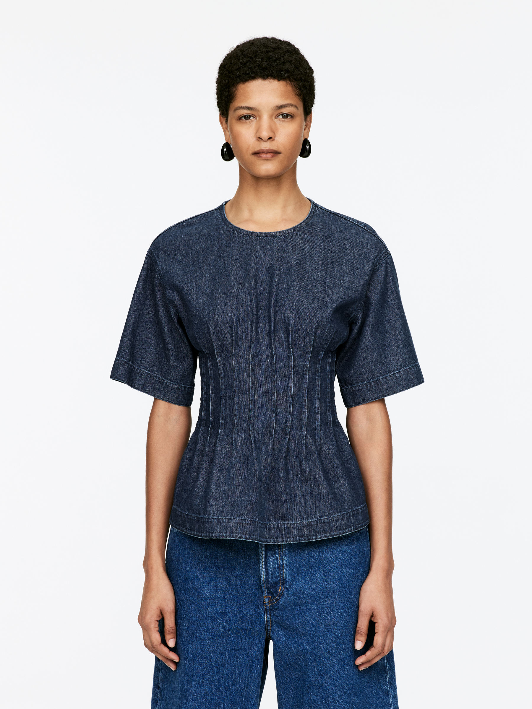 Pleated Denim Top 
 Dark Blue 
 Women 
 Arket Gb