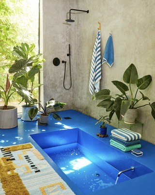 A bathroom with a blue built-in bathtub, and a small open shower