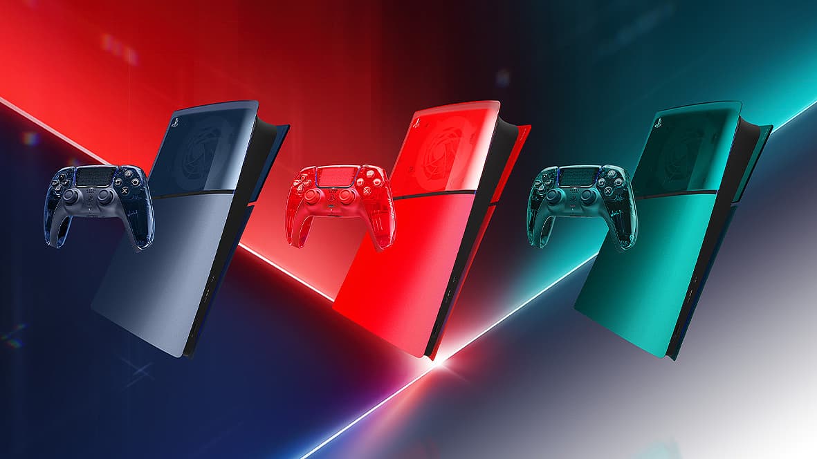 Three Prism controllers and covers for the Sony PlayStation 5 games console.