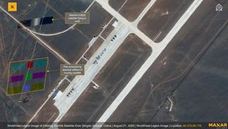 A Starlink satellite captured flying over the secretive Dingxin Airbase in China on Aug. 21, 2025 by one of the WorldView Legion Earth-observation satellites operated by U.S. company Maxar Technologies.