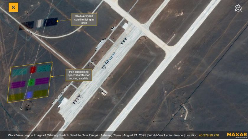 A Starlink satellite captured flying over the secretive Dingxin Airbase in China on Aug. 21, 2025 by one of the WorldView Legion Earth-observation satellites operated by U.S. company Maxar Technologies.