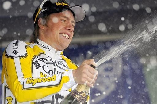Edvald Boasson Hagen (Columbia-Highroad) gets to experience the champagne on the podium of a Classic.
