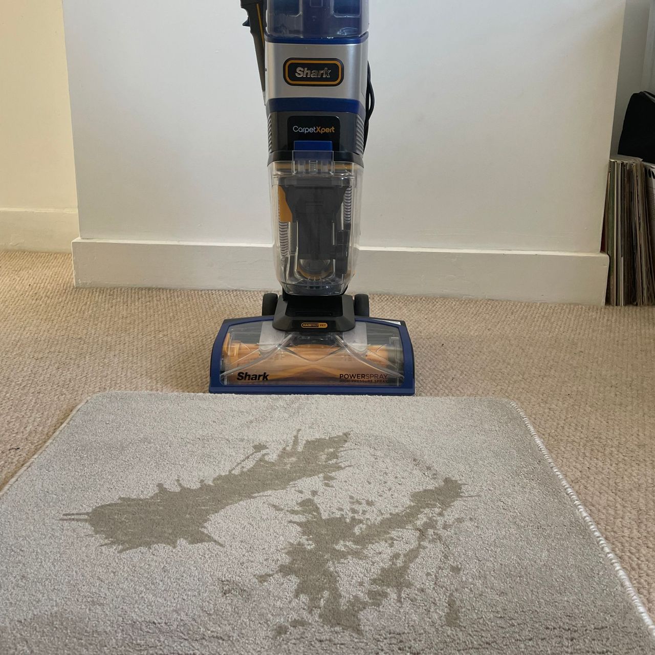 tea stain on a carpet sample, with the Shark CarpetXpert HairPro Pet Deep Carpet Cleaner with Spot Cleaner EX250UK sitting behind it