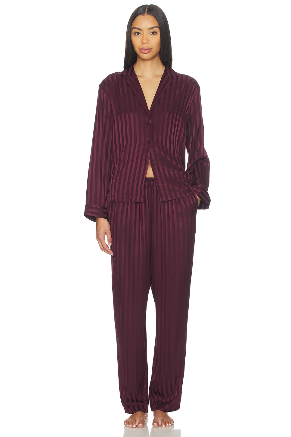 Washable Silk Striped Jacquard Long Sleeve Pant Set
