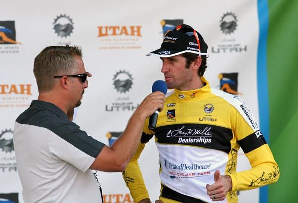 Tour of Utah leader Rory Sutherland (UnitedHealthcare) answers questions on the podium.